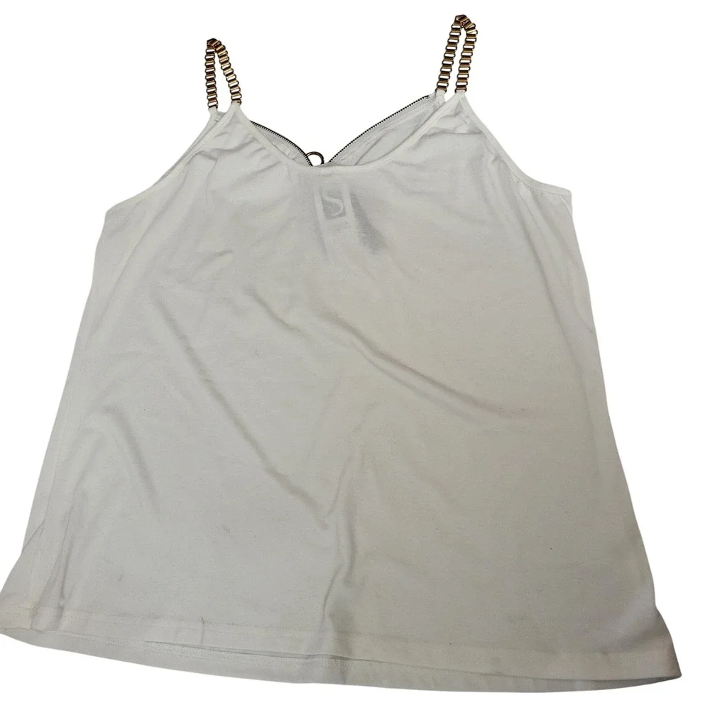 White Chain Strap V Neck Zip Front Camisole Tank Top Women XL Glam Chic Party - Picture 2 of 9